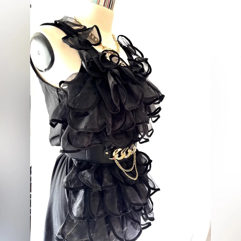 Black cascading ruffle party top M - Picture 5 of 8